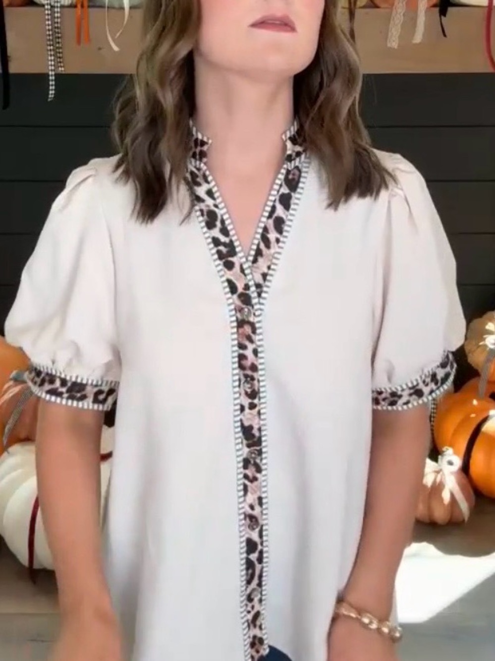 entro Cream Button-Down Blouse with Leopard Trim